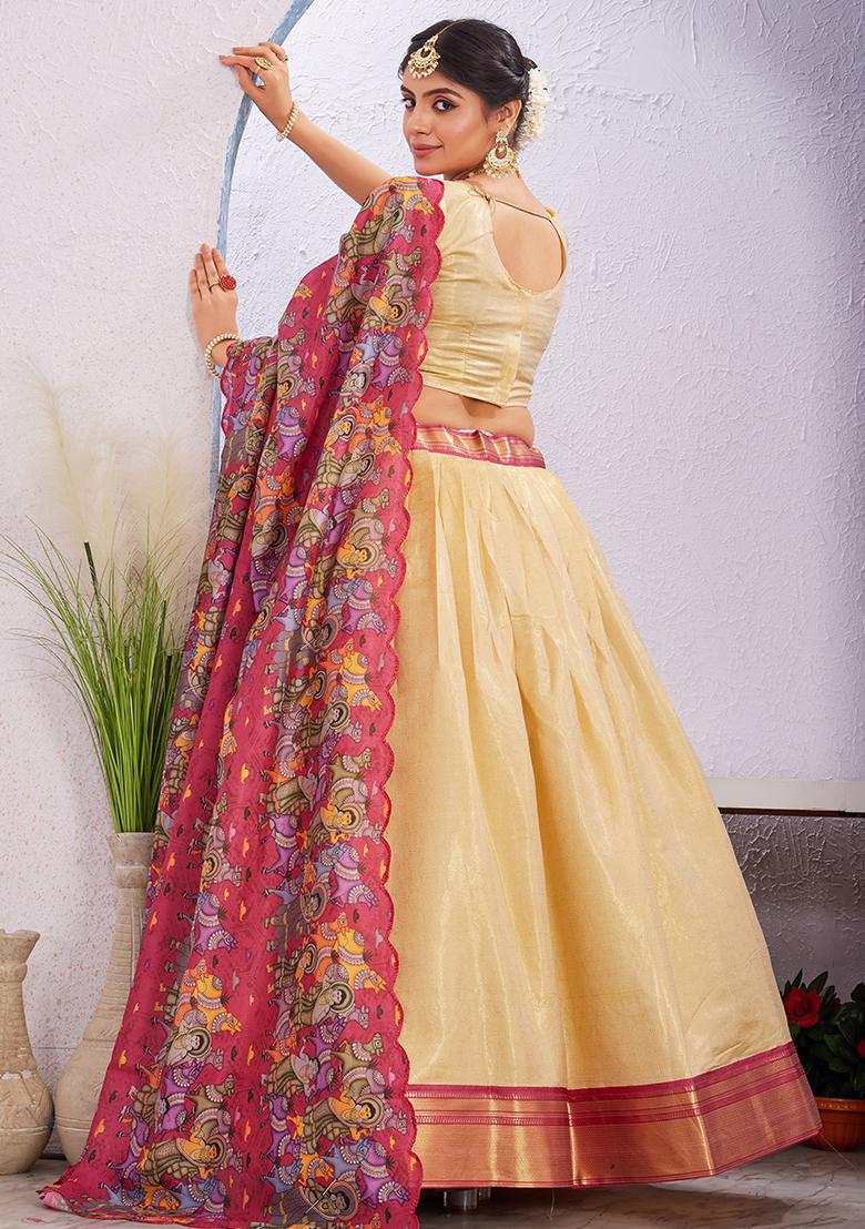 Cream Printed Cotton Blended Lehenga Choli Set - Indya