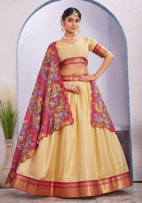 Cream Printed Cotton Blended Lehenga Choli Set