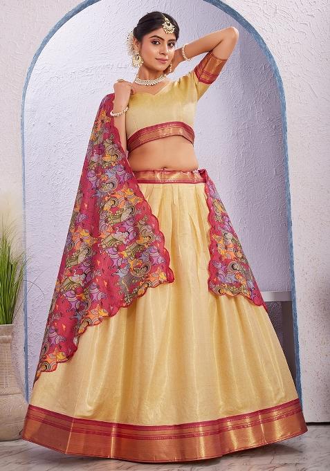 Cream Printed Cotton Blended Lehenga Choli Set