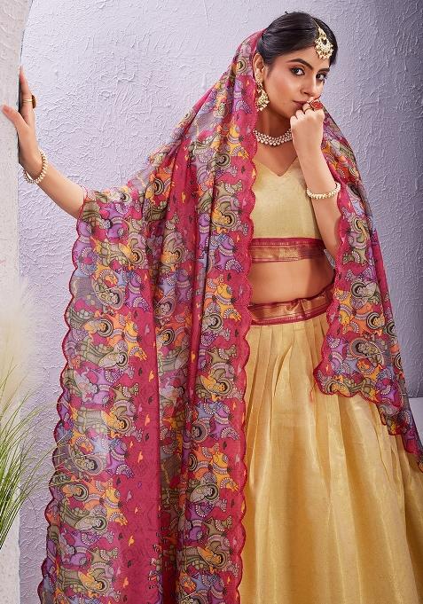 Cream Printed Cotton Blended Lehenga Choli Set