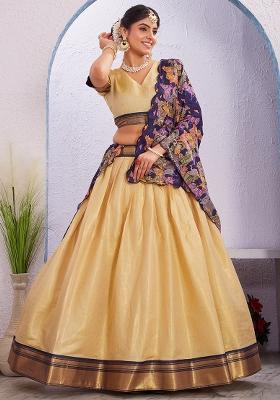Cream Printed Cotton Blended Lehenga Choli Set