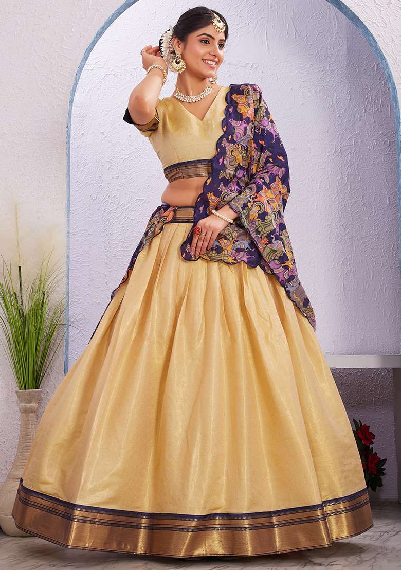 Cream Printed Cotton Blended Lehenga Choli Set - Indya