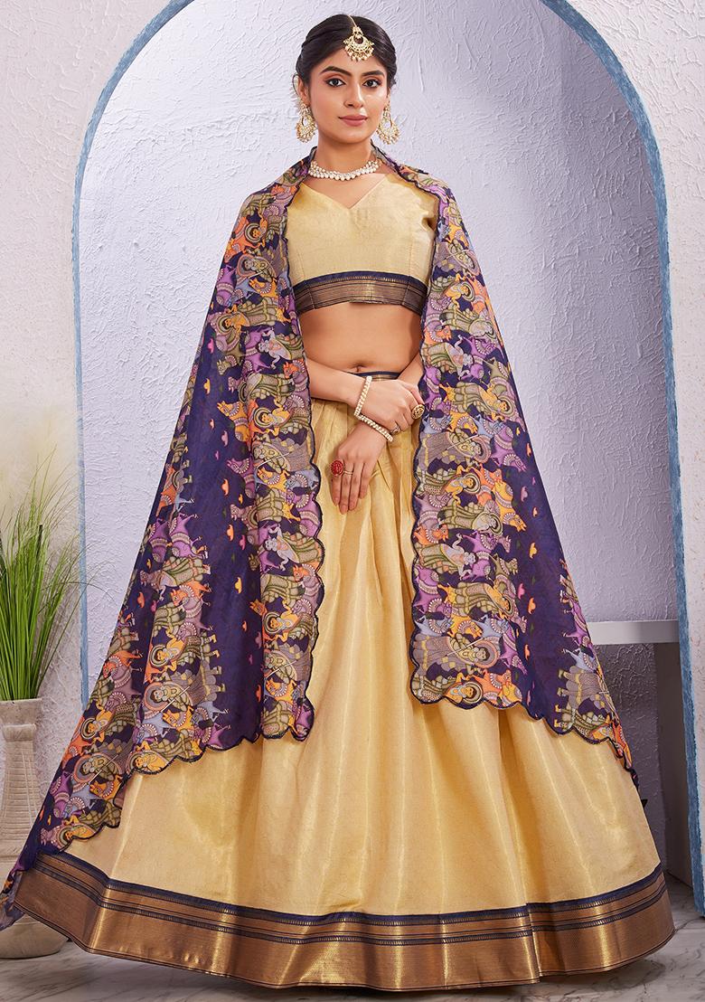 Cream Printed Cotton Blended Lehenga Choli Set - Indya