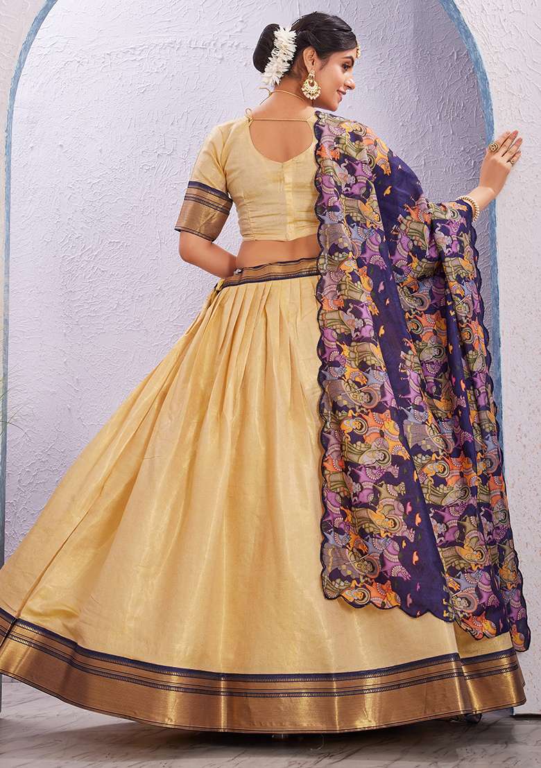 Cream Printed Cotton Blended Lehenga Choli Set - Indya
