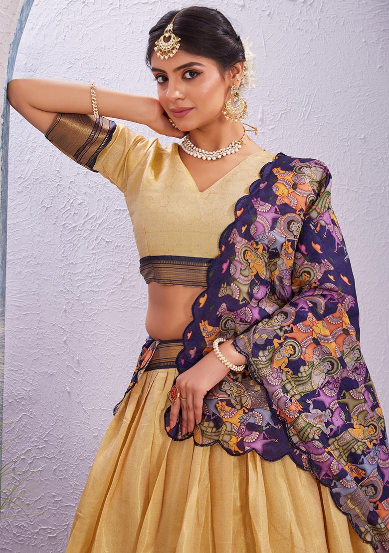 Cream Printed Cotton Blended Lehenga Choli Set - Indya