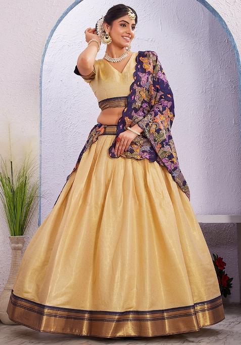 Cream Printed Cotton Blended Lehenga Choli Set