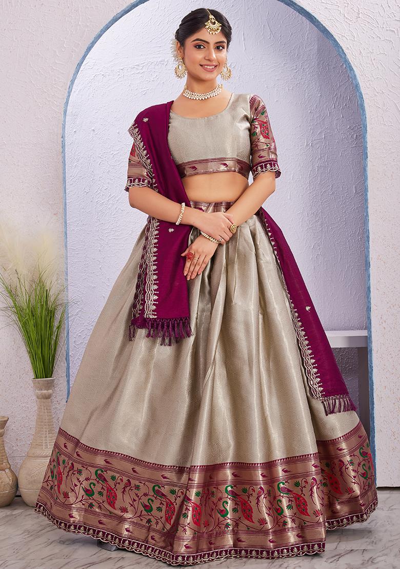Cream Embroidered Cotton Blended Lehenga Choli Set