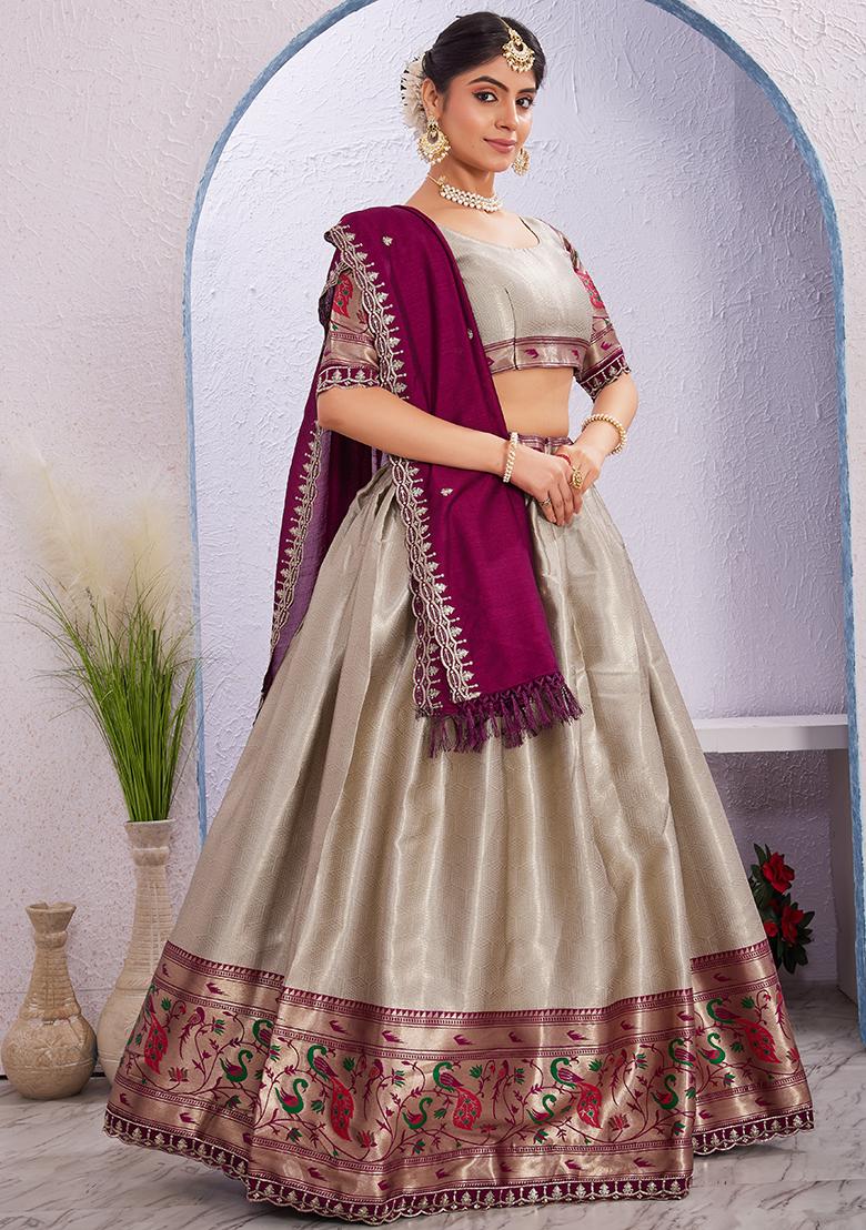 Cream Embroidered Cotton Blended Lehenga Choli Set - Indya