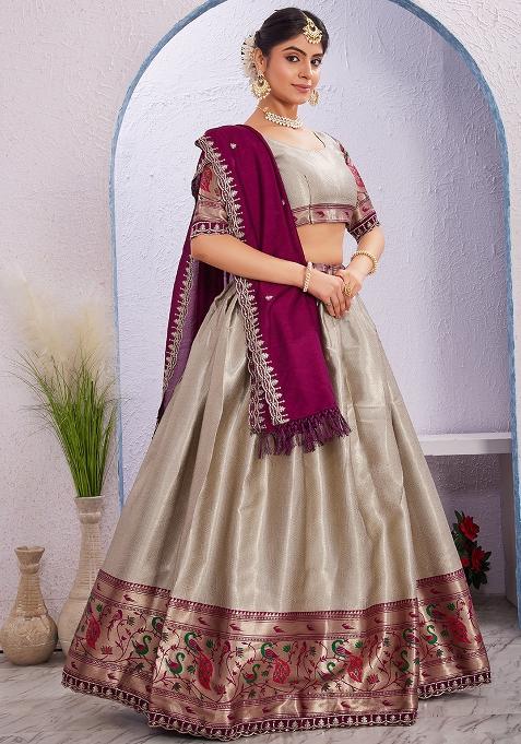 Cream Embroidered Cotton Blended Lehenga Choli Set
