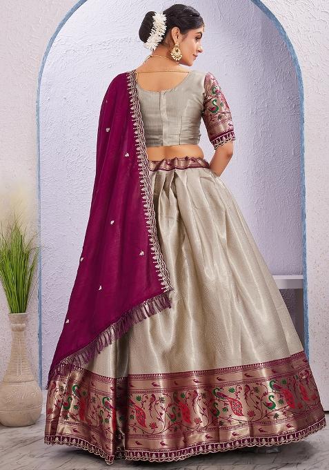 Cream Embroidered Cotton Blended Lehenga Choli Set