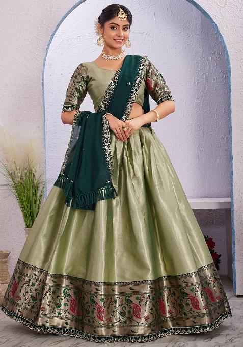 Green Embroidered Cotton Blended Lehenga Choli Set