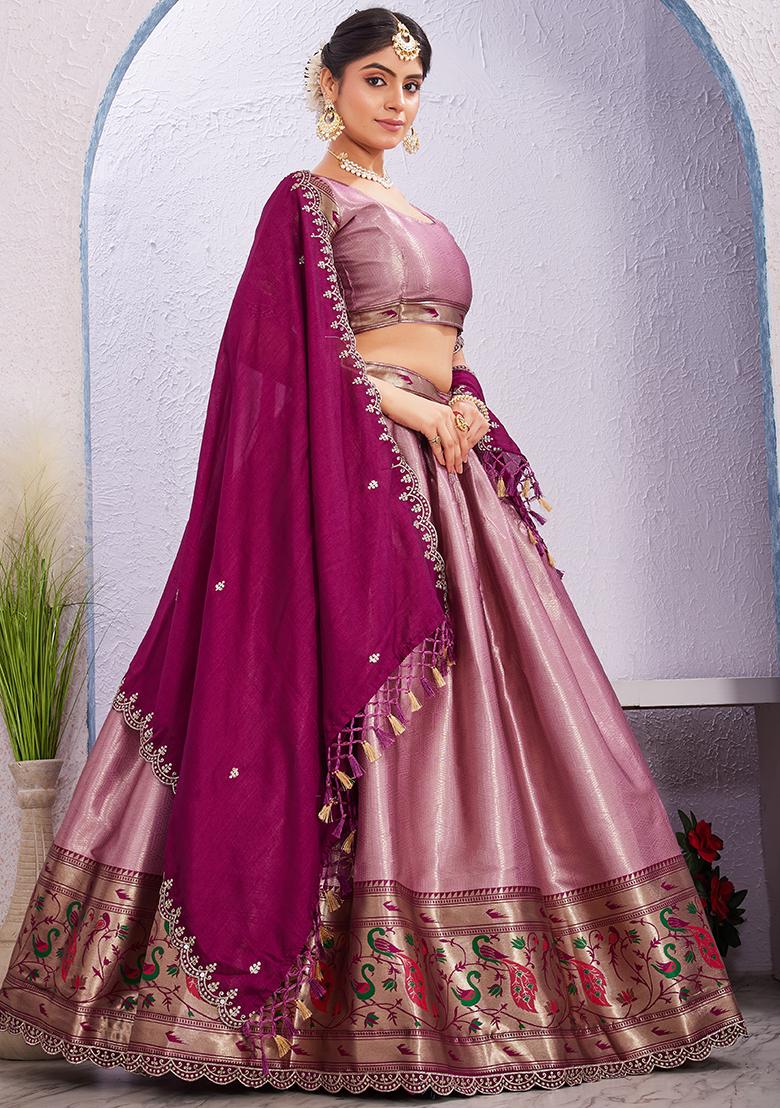 Onion Embroidered Cotton Blended Lehenga Choli Set - Indya
