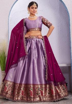 Purple Embroidered Cotton Blended Lehenga Choli Set