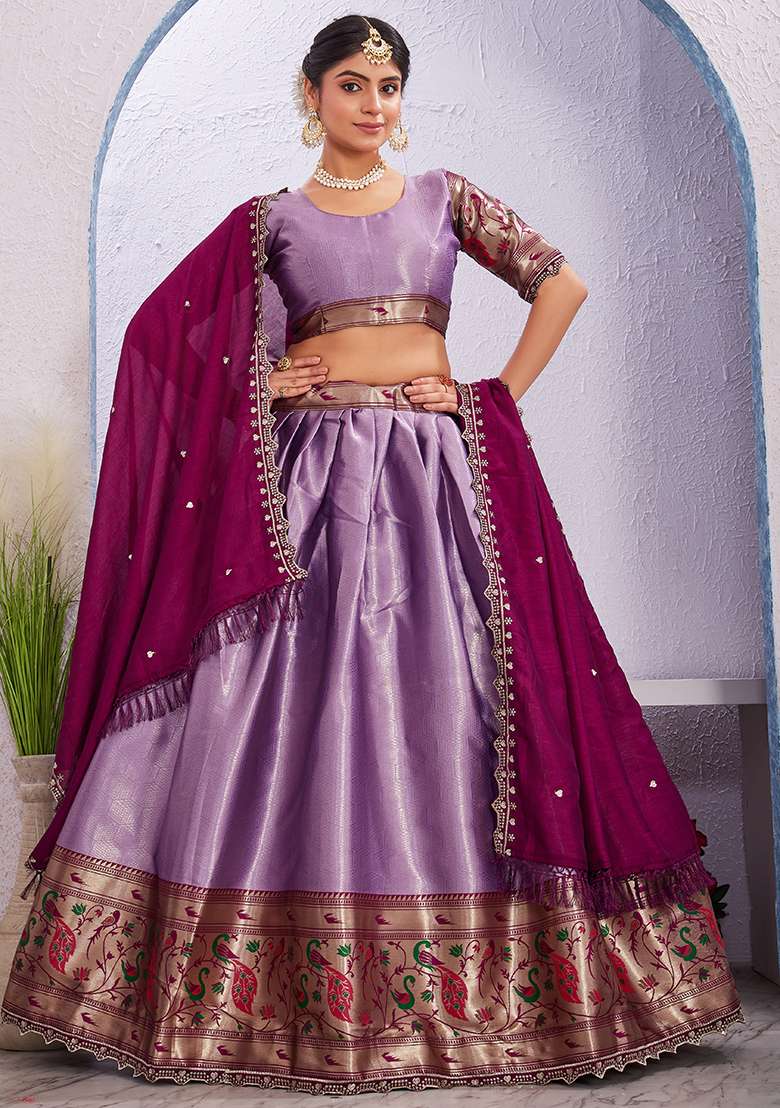 Purple Embroidered Cotton Blended Lehenga Choli Set - Indya