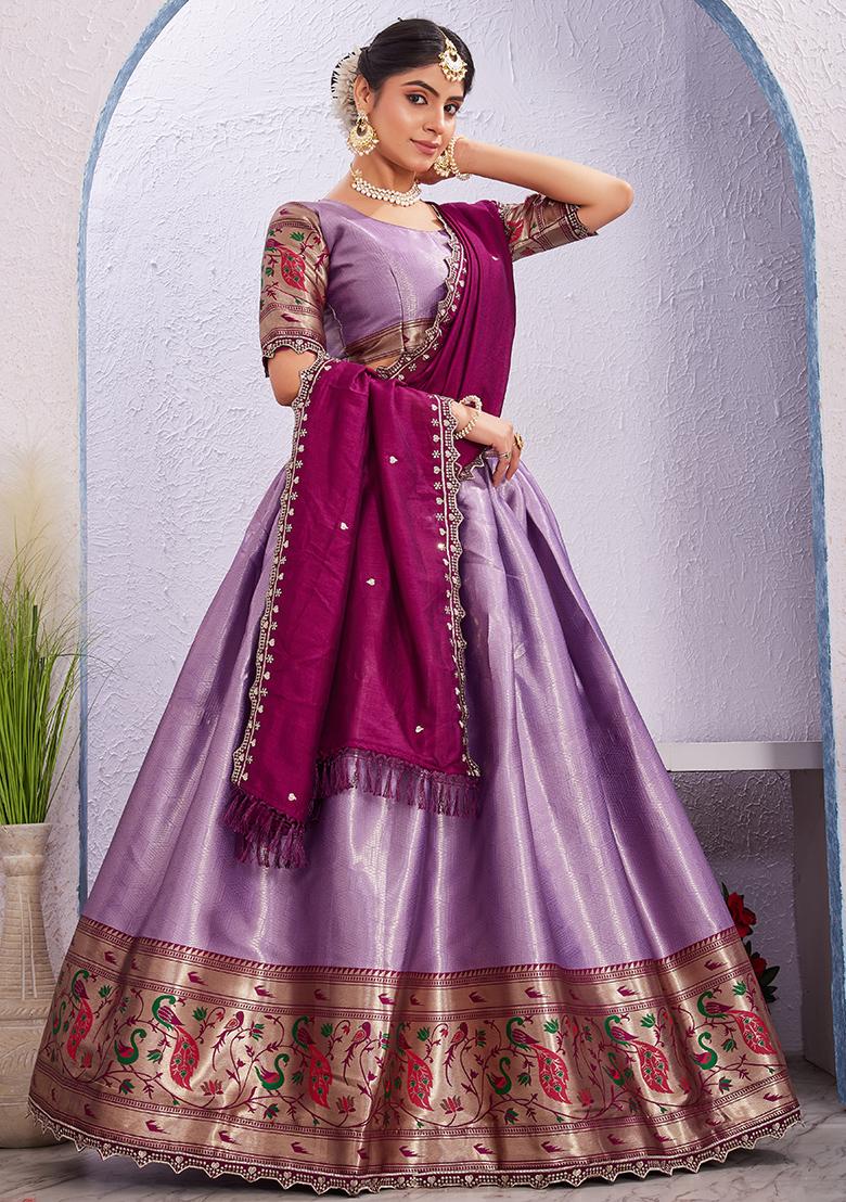 Purple Embroidered Cotton Blended Lehenga Choli Set - Indya
