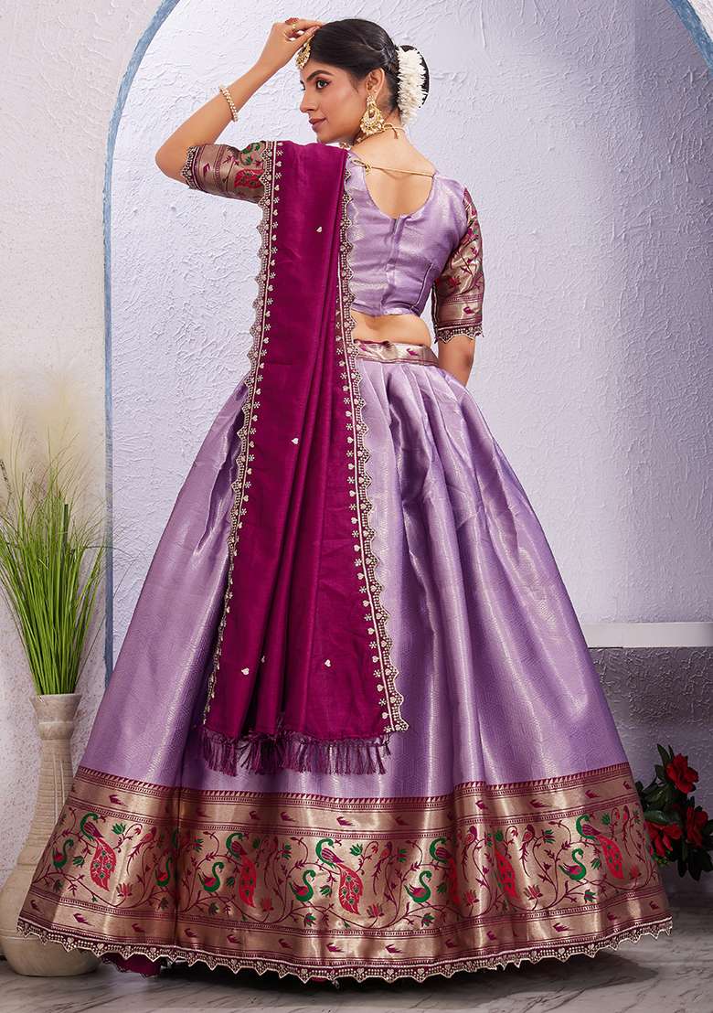 Purple Embroidered Cotton Blended Lehenga Choli Set - Indya