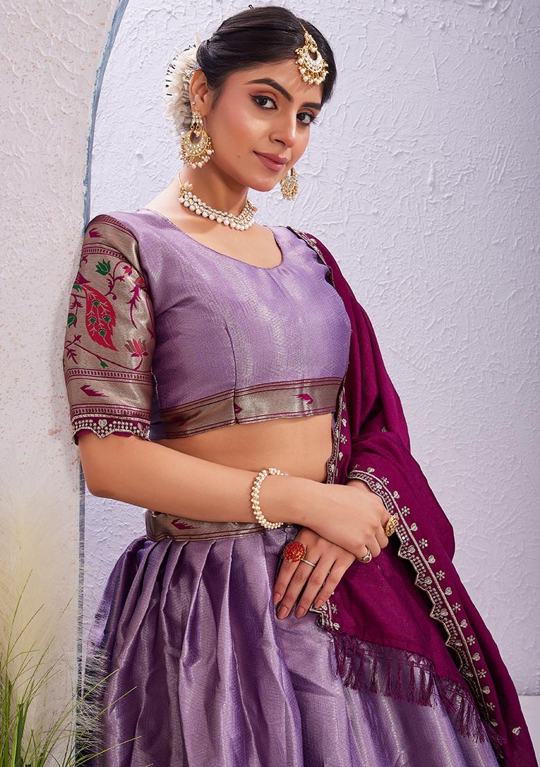 Purple Embroidered Cotton Blended Lehenga Choli Set - Indya