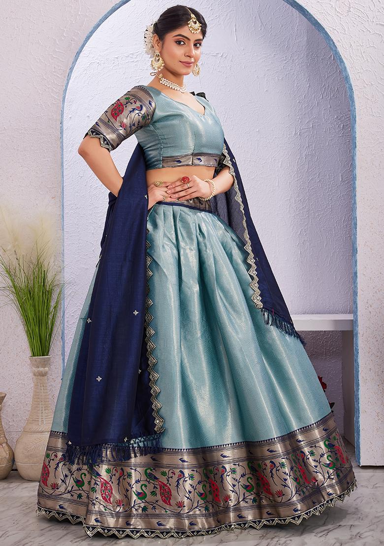 Sky Blue Embroidered Cotton Blended Lehenga Choli Set - Indya