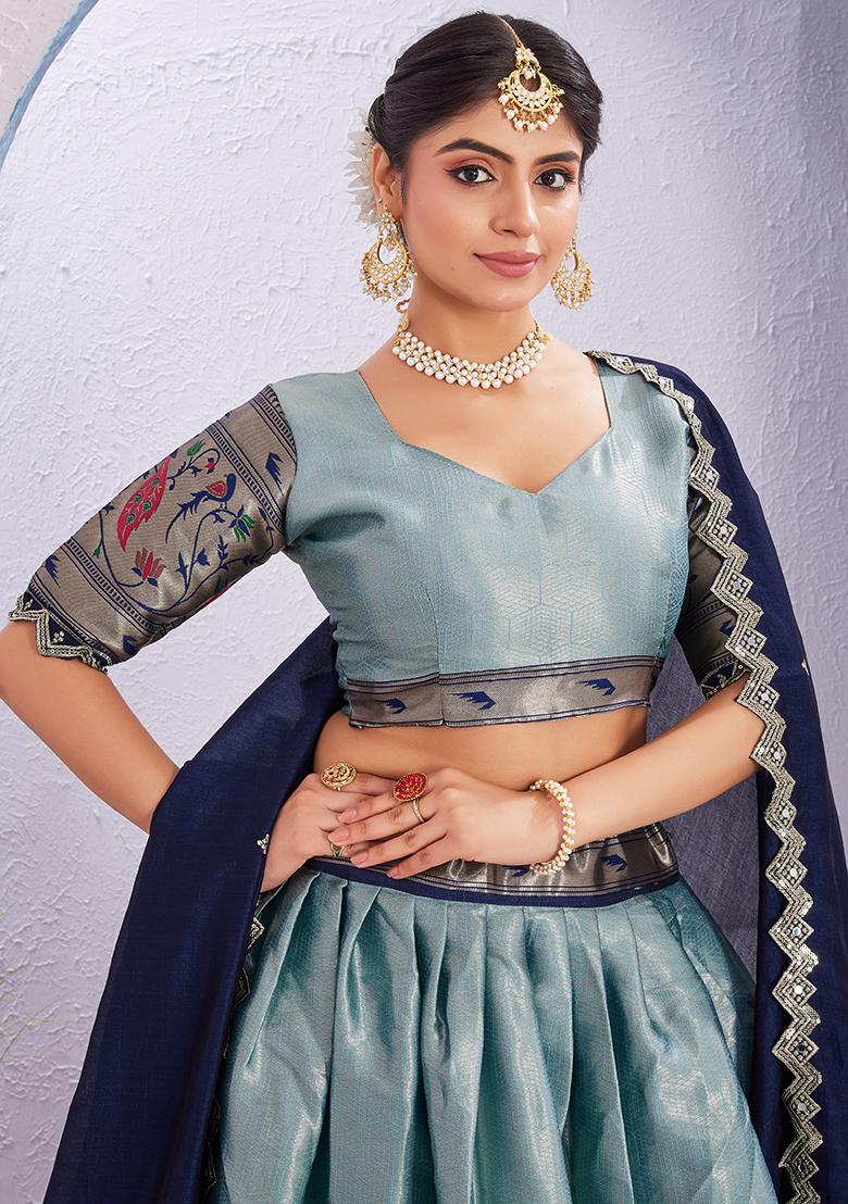 Sky Blue Embroidered Cotton Blended Lehenga Choli Set - Indya