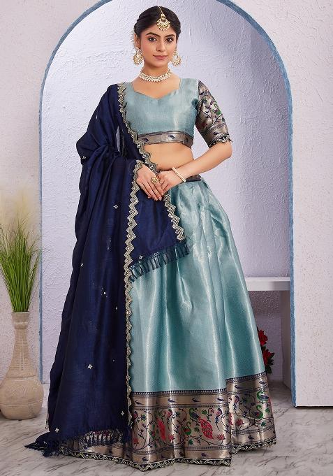 Sky Blue Embroidered Cotton Blended Lehenga Choli Set