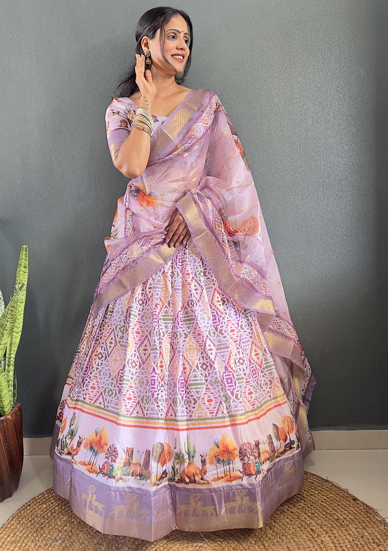 Purple Printed Cotton Blended Lehenga Choli Set - Indya