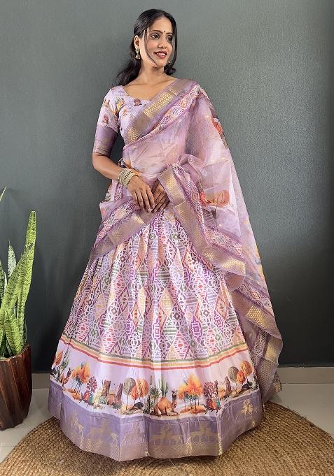Purple Printed Cotton Blended Lehenga Choli Set