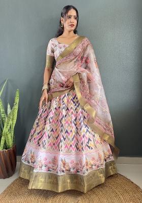 Peach Printed Cotton Blended Lehenga Choli Set