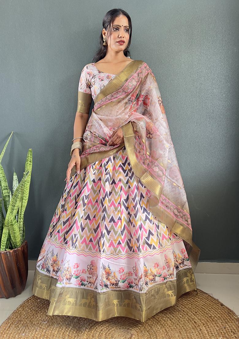Peach Printed Cotton Blended Lehenga Choli Set