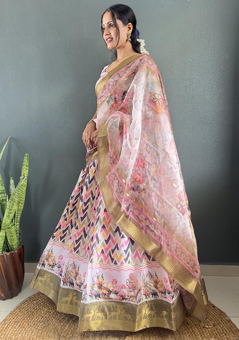 Peach Printed Cotton Blended Lehenga Choli Set - Indya