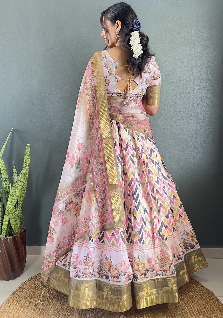 Peach Printed Cotton Blended Lehenga Choli Set