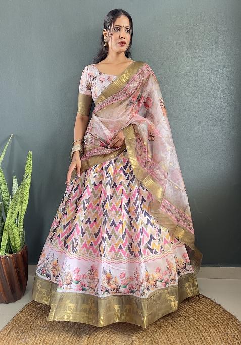 Peach Printed Cotton Blended Lehenga Choli Set