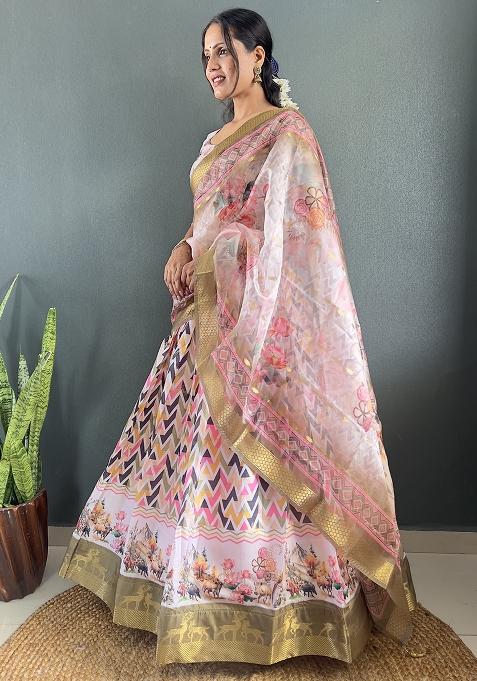 Peach Printed Cotton Blended Lehenga Choli Set