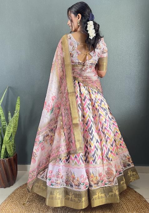 Peach Printed Cotton Blended Lehenga Choli Set