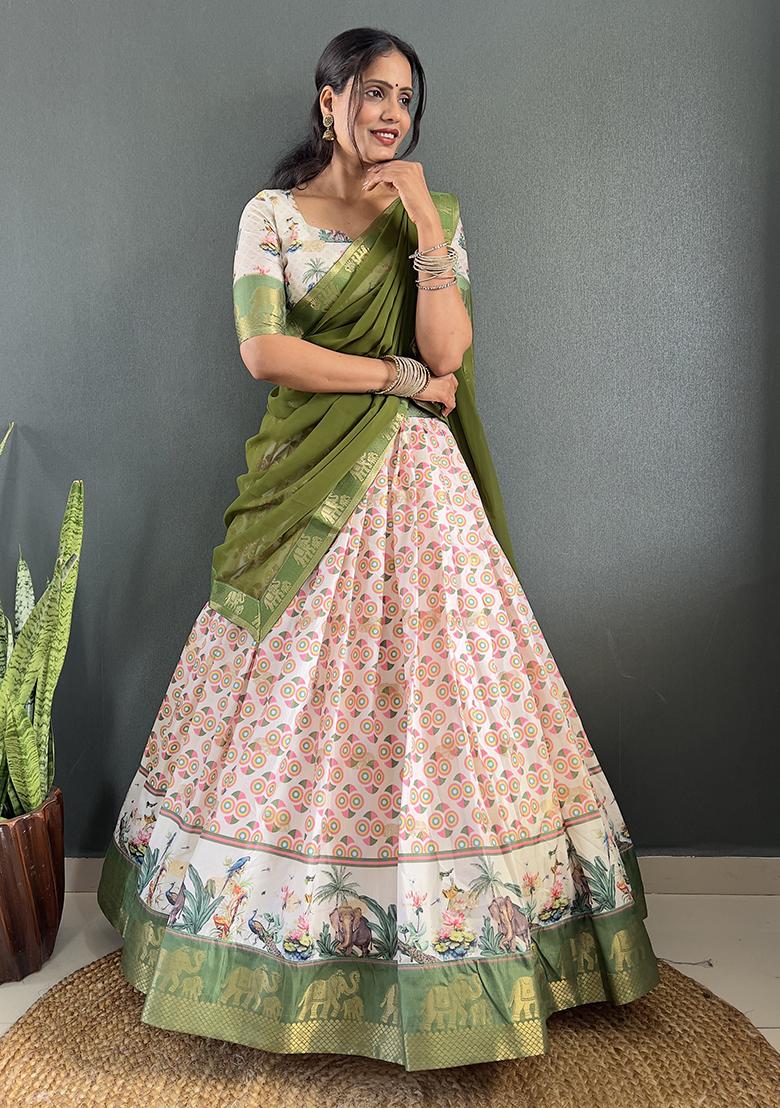 Green Printed Cotton Blended Lehenga Choli Set