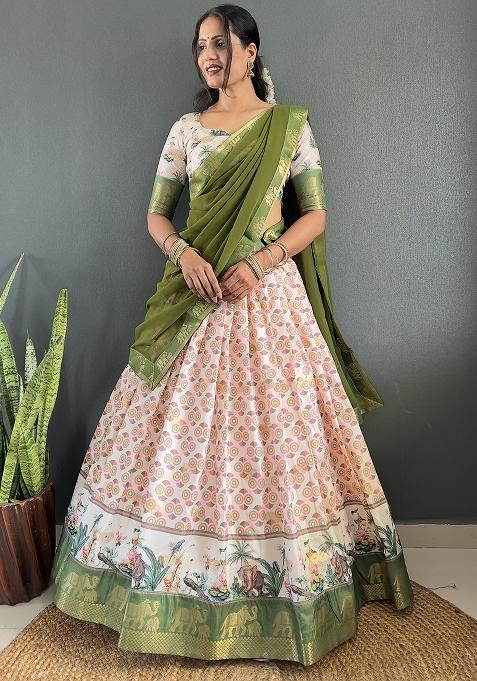 Green Printed Cotton Blended Lehenga Choli Set