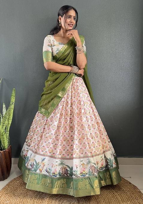 Green Printed Cotton Blended Lehenga Choli Set