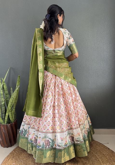 Green Printed Cotton Blended Lehenga Choli Set