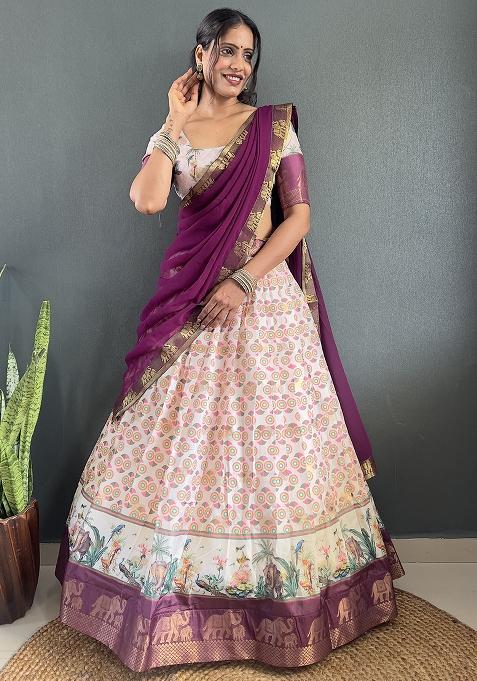 Wine Printed Cotton Blended Lehenga Choli Set