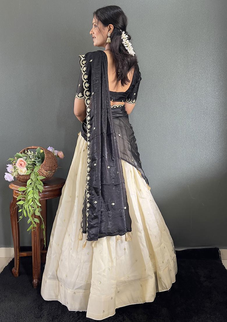 Black Embroidered Cotton Blended Lehenga Choli Set - Indya