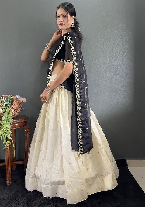 Black Embroidered Cotton Blended Lehenga Choli Set