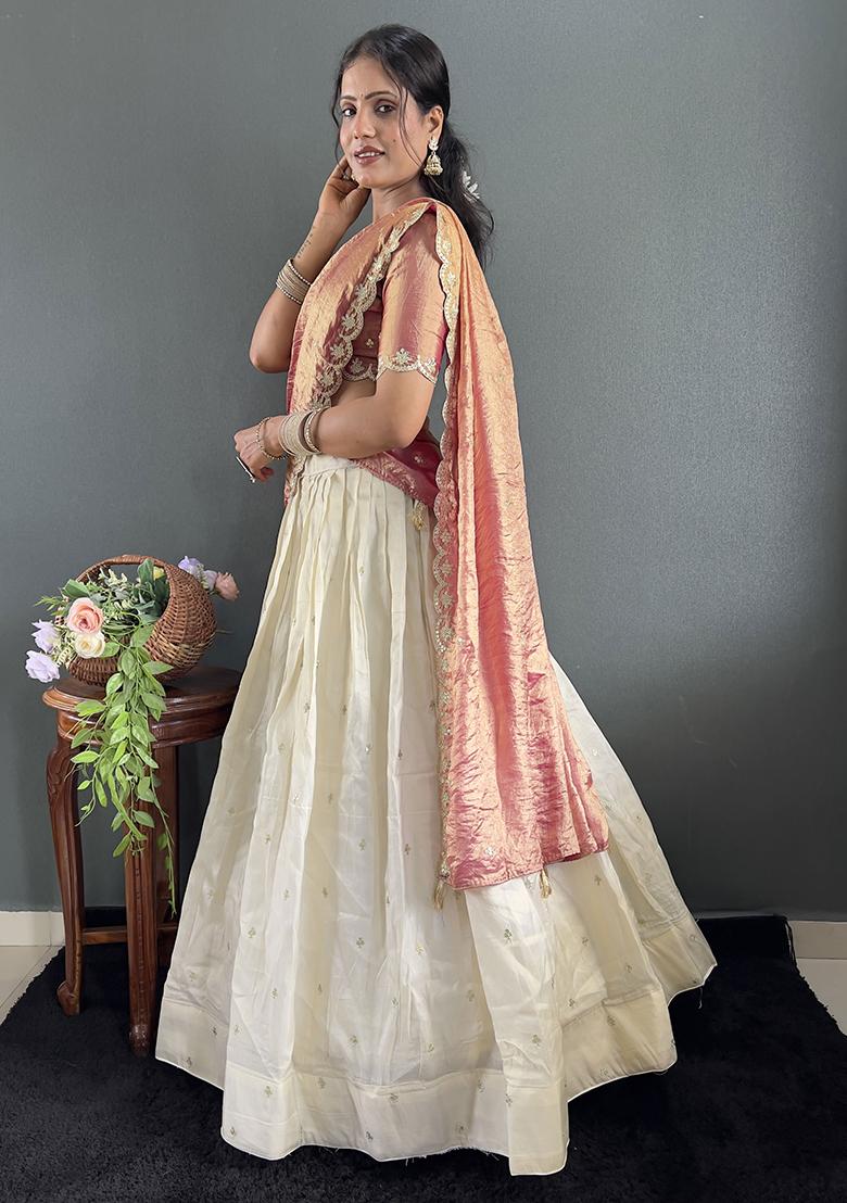 Peach Embroidered Cotton Blended Lehenga Choli Set