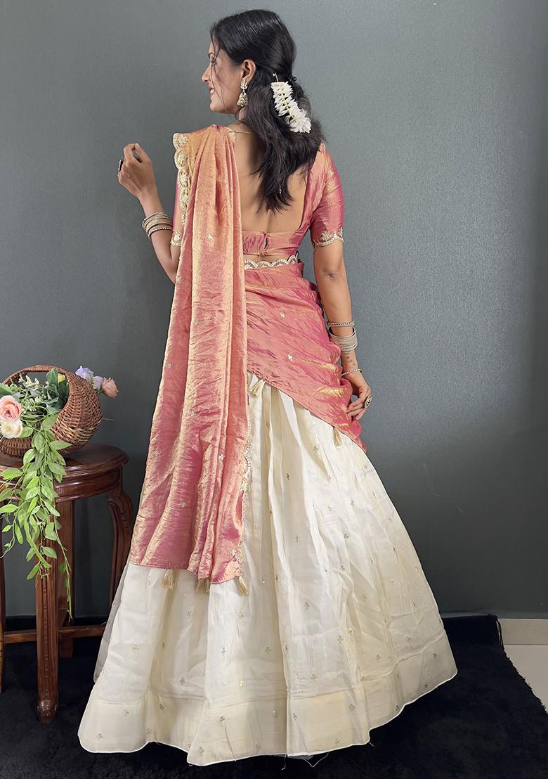 Peach Embroidered Cotton Blended Lehenga Choli Set - Indya