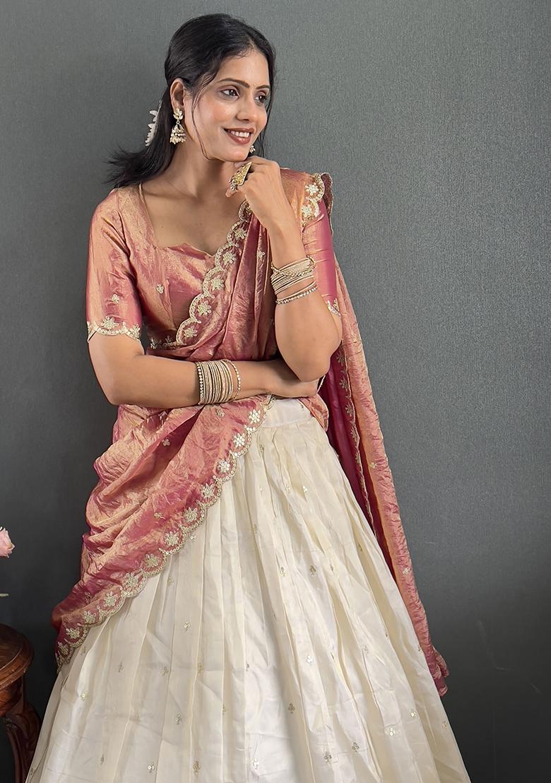 Peach Embroidered Cotton Blended Lehenga Choli Set