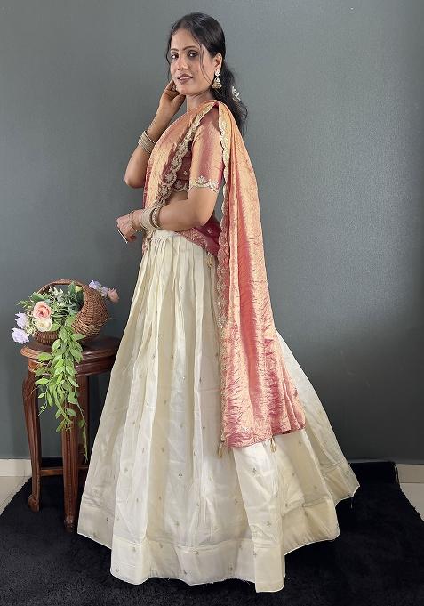Peach Embroidered Cotton Blended Lehenga Choli Set