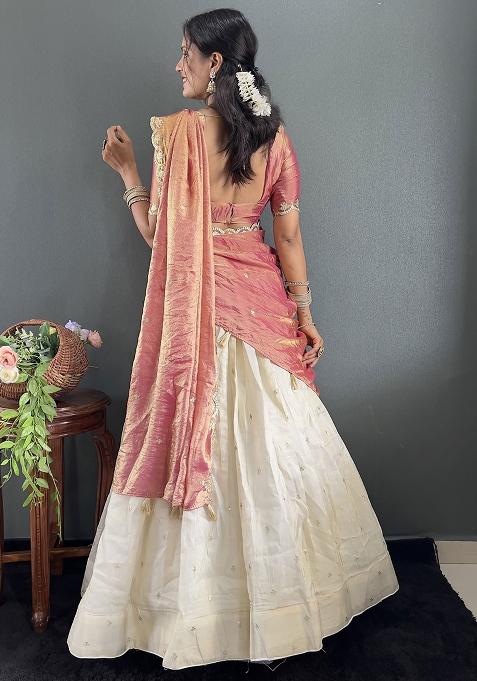 Peach Embroidered Cotton Blended Lehenga Choli Set