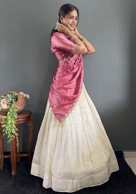 Pink Embroidered Cotton Blended Lehenga Choli Set