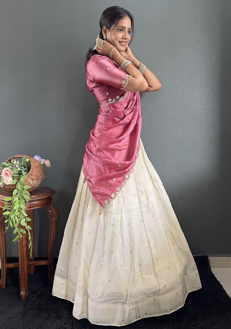 Pink Embroidered Cotton Blended Lehenga Choli Set