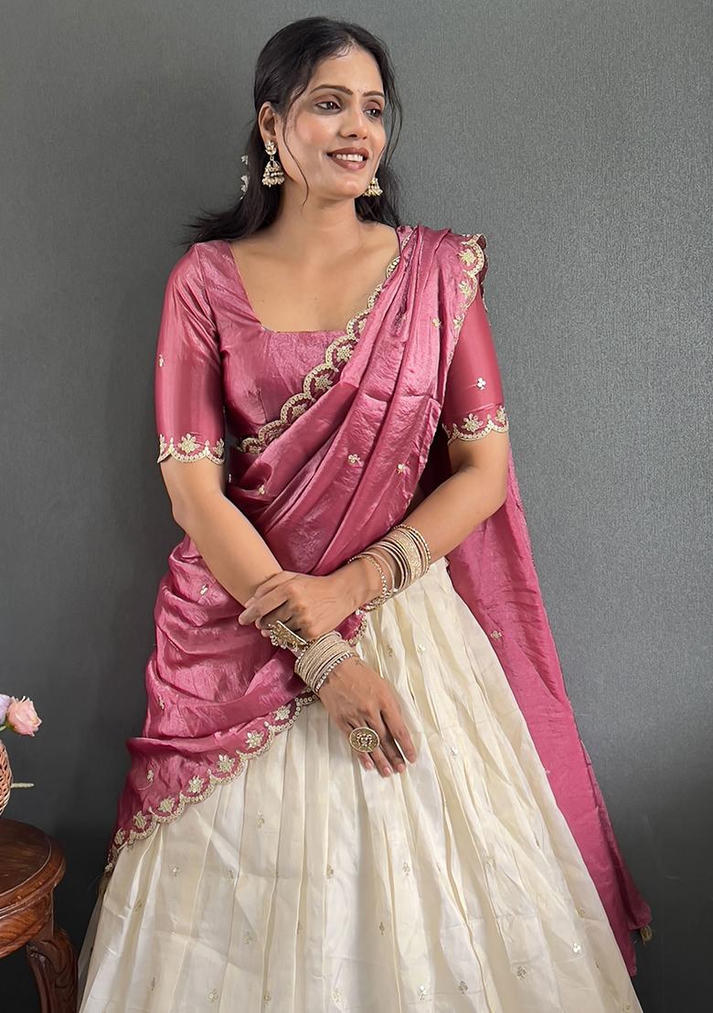 Pink Embroidered Cotton Blended Lehenga Choli Set