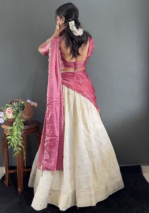 Pink Embroidered Cotton Blended Lehenga Choli Set
