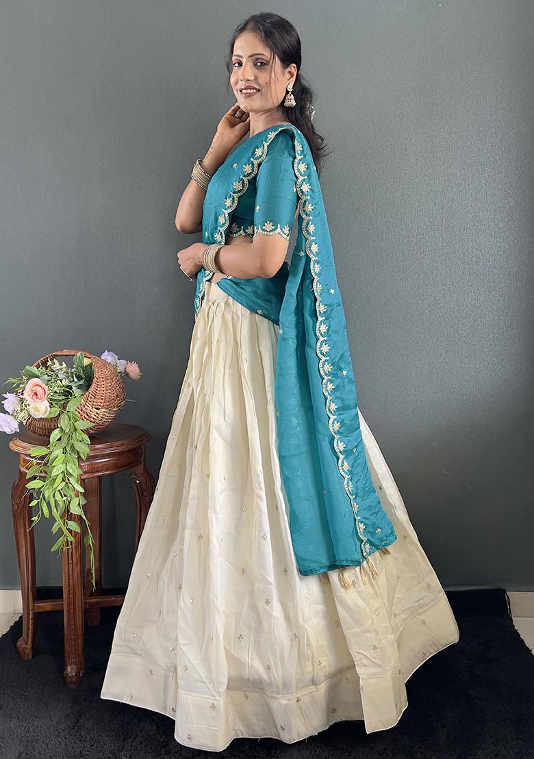 Teal Embroidered Cotton Blended Lehenga Choli Set